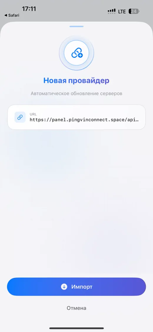 Импорт провайдера Pingwin VPN в приложение INCY